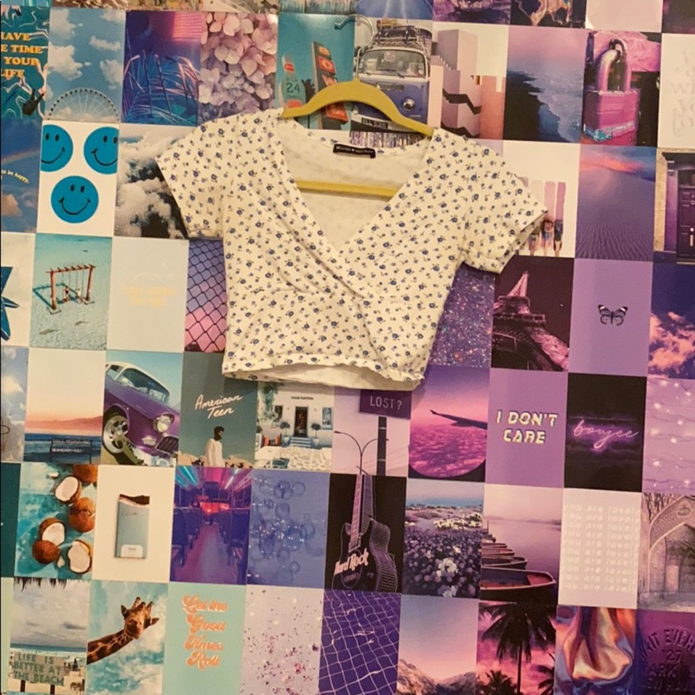 Brandy Melville White Crop Top with Blue Floral